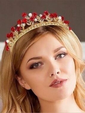 Elegant Gold and Red Floral rhinestone bridal Tiara